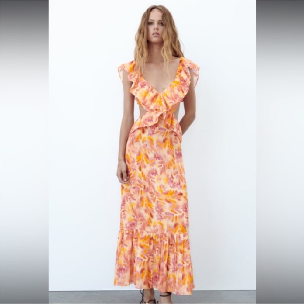 Zara limited edition bohemian printed back open pure linen dress